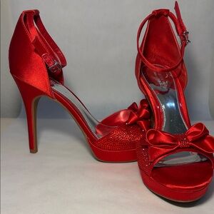Chic Red Satin Heels with Bow Accent